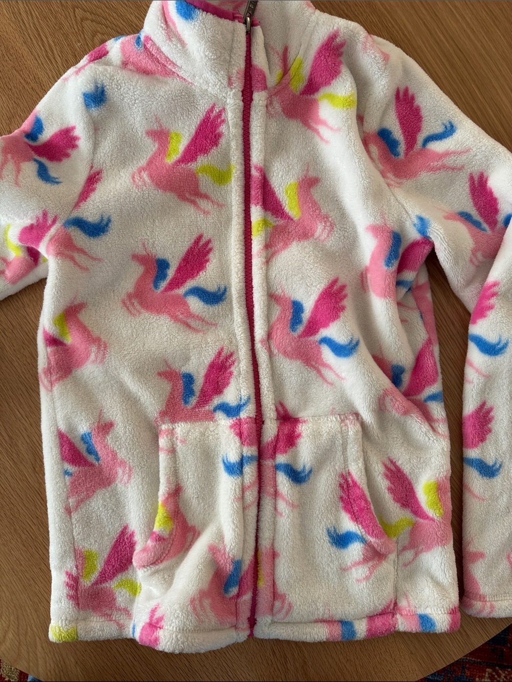 Hatley White Fleece Jacket with Pink, Blue & Yellow Unicorn Print